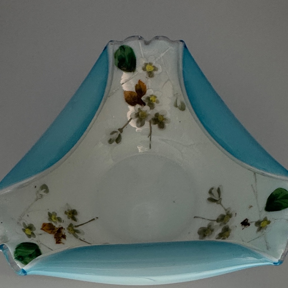 Hand Blown and Hand Painted Floral Blue and White Trinket or Candy Dish - Picture 3 of 5